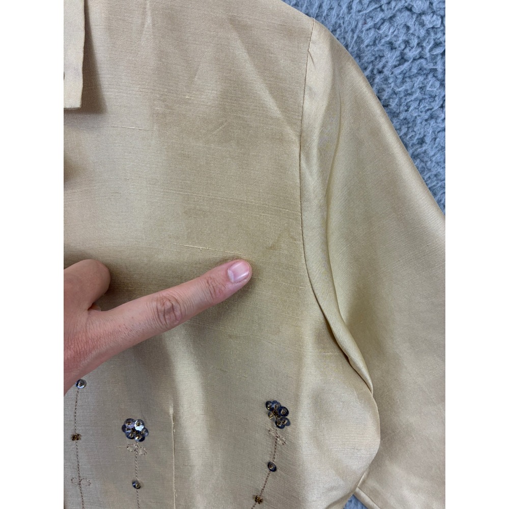 Anne Carson Beaded Button Down Shirt Womens S Gold Silk 3/4 Sleeve Formal - Picture 6 of 13